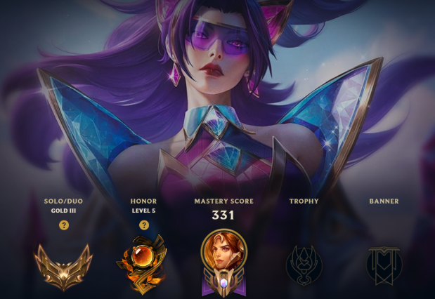 League of Legends profile showing Gold III rank, Honor Level 5, mastery score 331