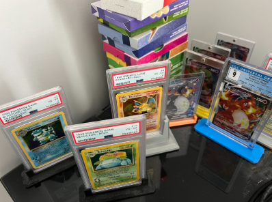 Graded Pokemon trading cards in protective cases
